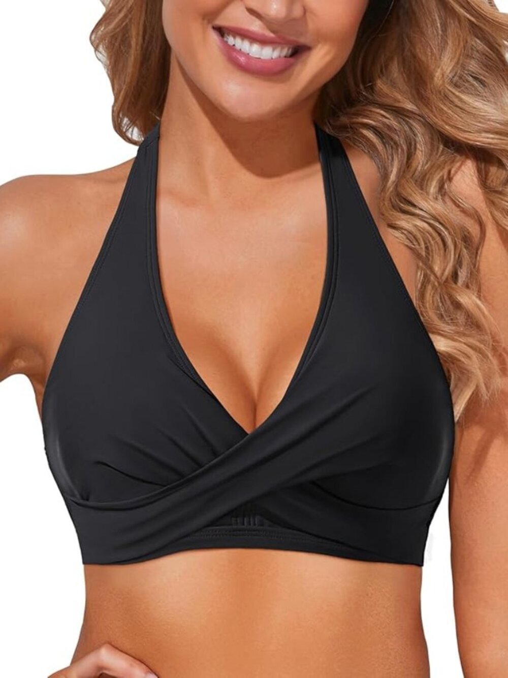 Holipick Black Halter Plunge Bikini Top Self-Tie Underwire NWT Size S